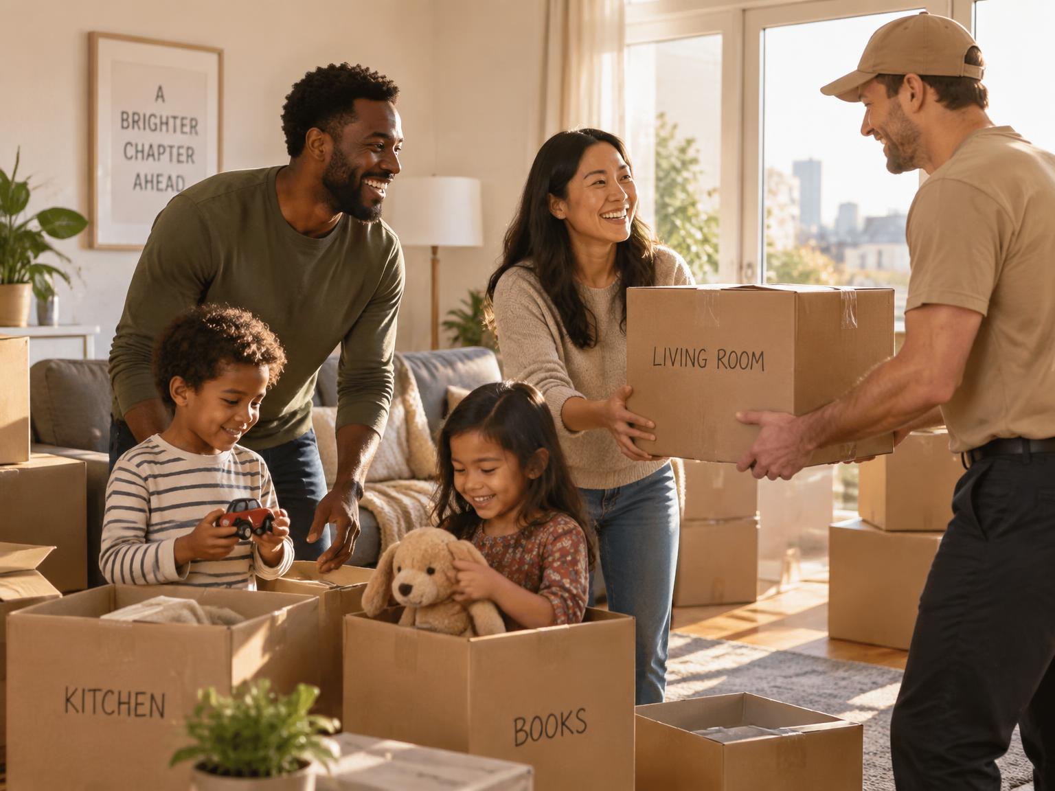 A family unpacking boxes in a new apartment with a friendly helper